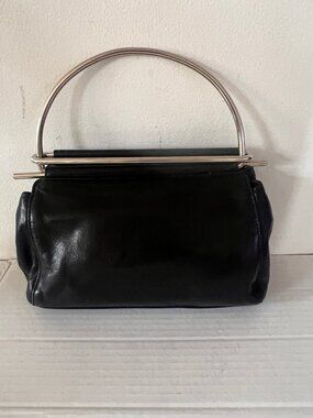 90'A VINTAGE Y2K DKNY CLASP LEATHER TOP HANDLE BAG MINIMALIST INDUSTRIAL